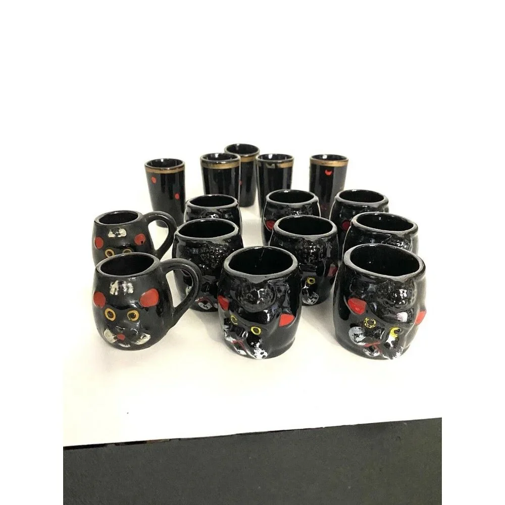 15  Ceramic Black Poodle Dog Face MCM Mini Tea Cups Shot Glasses‎ Japan